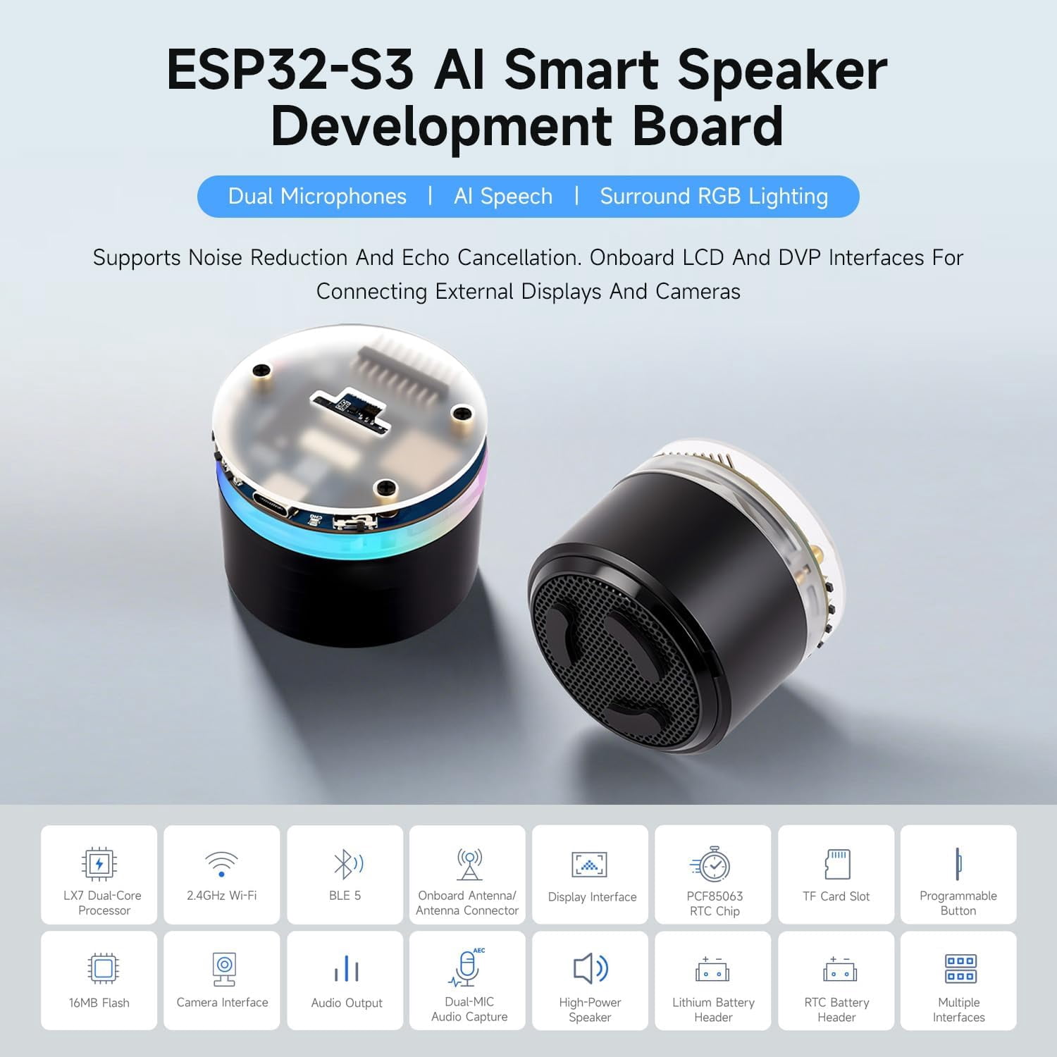 ESP32-S3 AI Smart Speaker Development Board, Dual Microphones, Noise Reduction, RGB Lighting, External Display & Camera Support, with 3.7V MX1.25 Lithium BAT