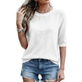thumbnail image 5 of Linen Texture Blouse for Women, Crew Neck Half Sleeve Loose Tunic - Lightweight Breathable Summer Casual Top White S, 5 of 7