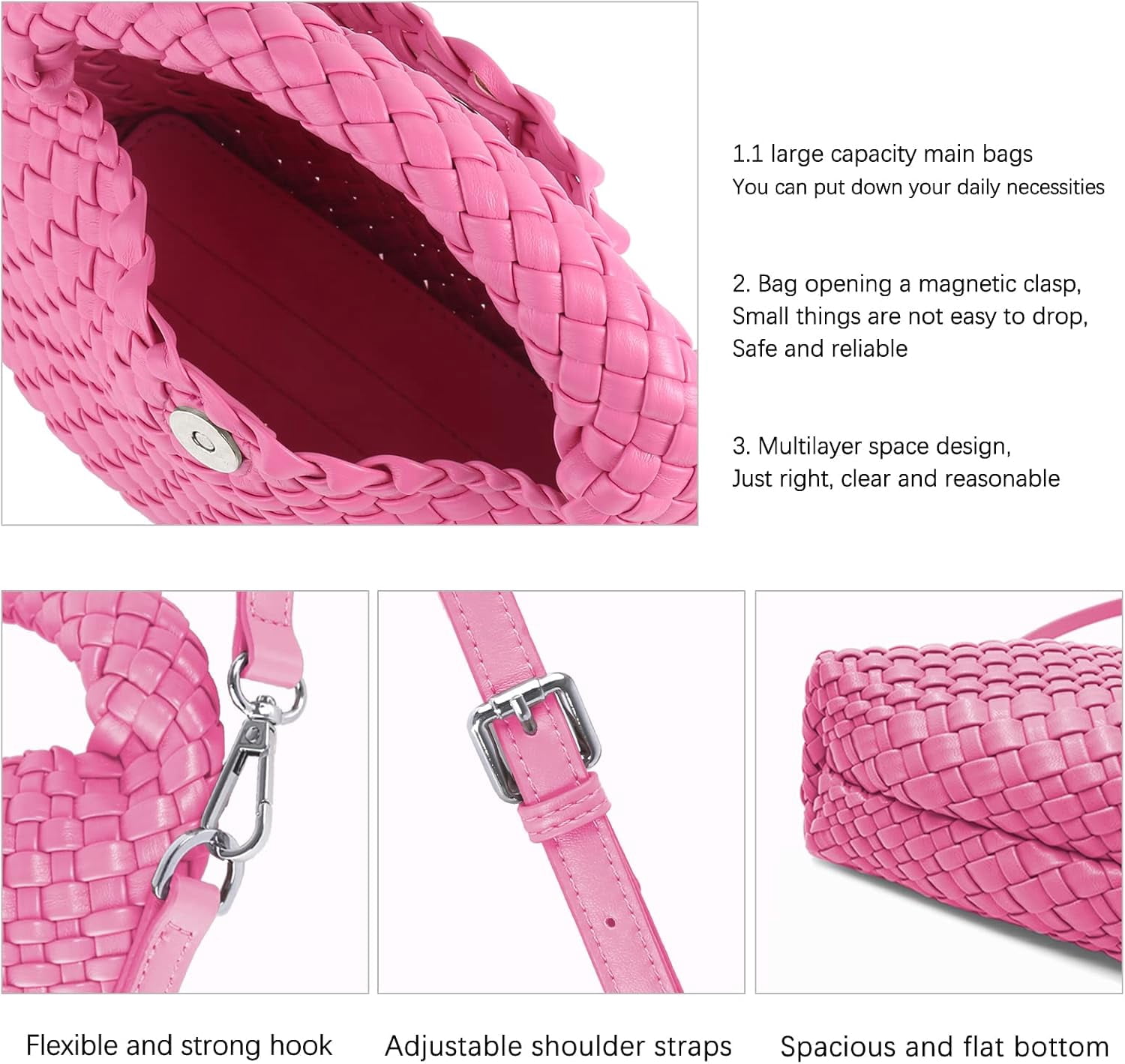 HMSHA Women Woven Tote Small Crossbody Bag, Weave Quilted Purse Square Shoulder Bag Woven Handbag with Detachable Strap