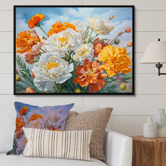 Designart "Marigold Serenity In Subdued Yellow" Flowers Floater Framed Wall Art Living Room