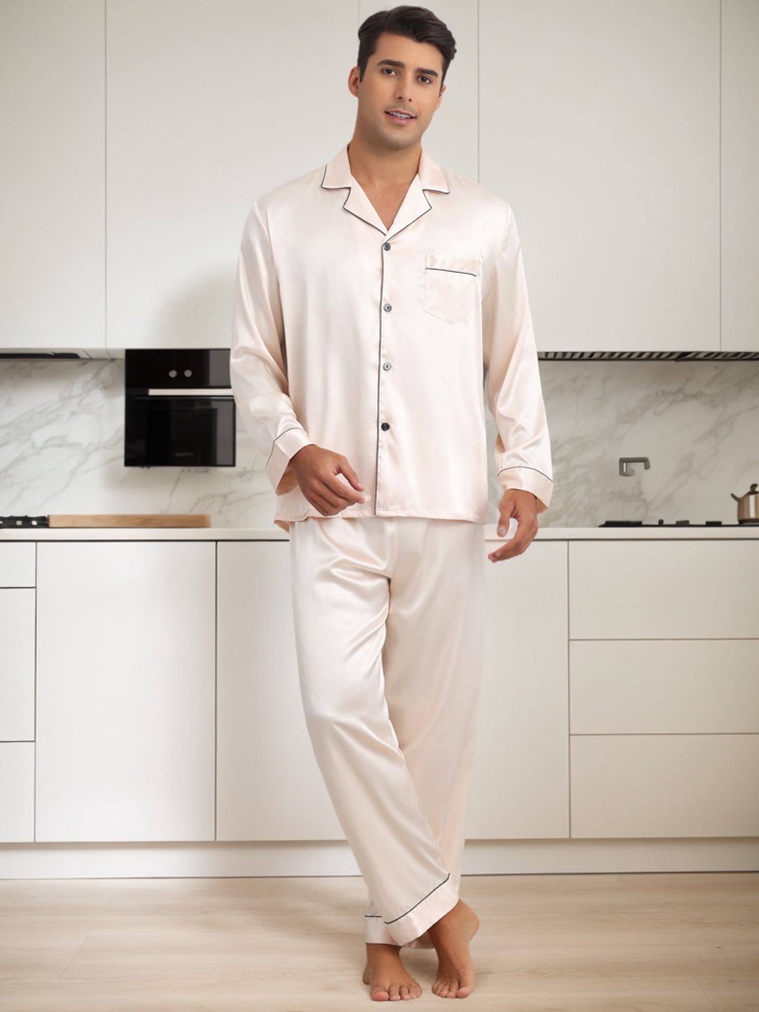 DARING DIVA Men's 2-Piece Homewear Button Down Long Sleeve Shirt M Champagne