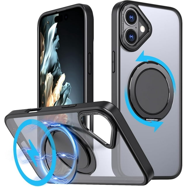 KOMI Étui Anneau Magnétique pour iPhone 16 Plus, Compatible avec MagSafe avec Support Anneau à 360°, Étui de Protection Antichoc pour iPhone 16 Plus Noir