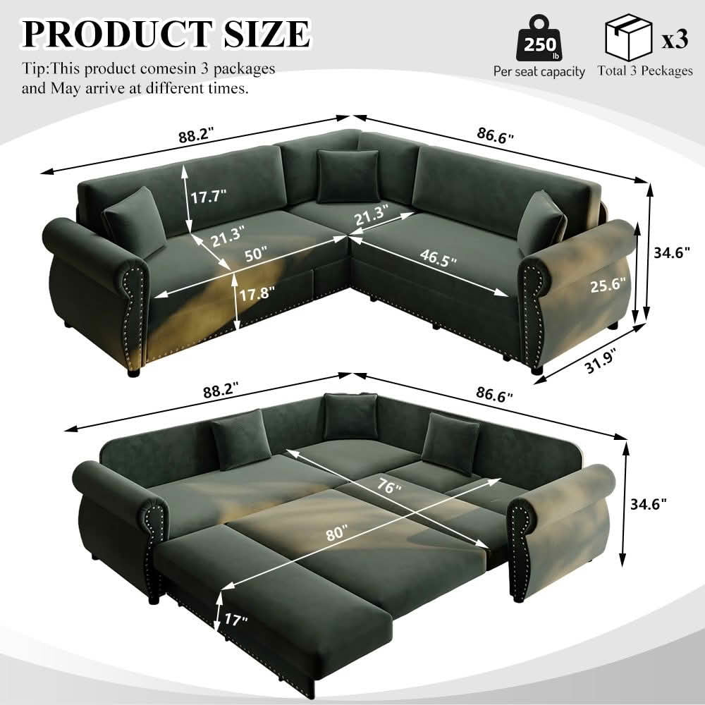 MAYEERTY 88.2" L‑Shaped Convertible Pull‑Out Sofa Bed, Chenille Sectional Couch with Nailhead Trim & Rolled Arms, Multifunctional Sleeper Sofa