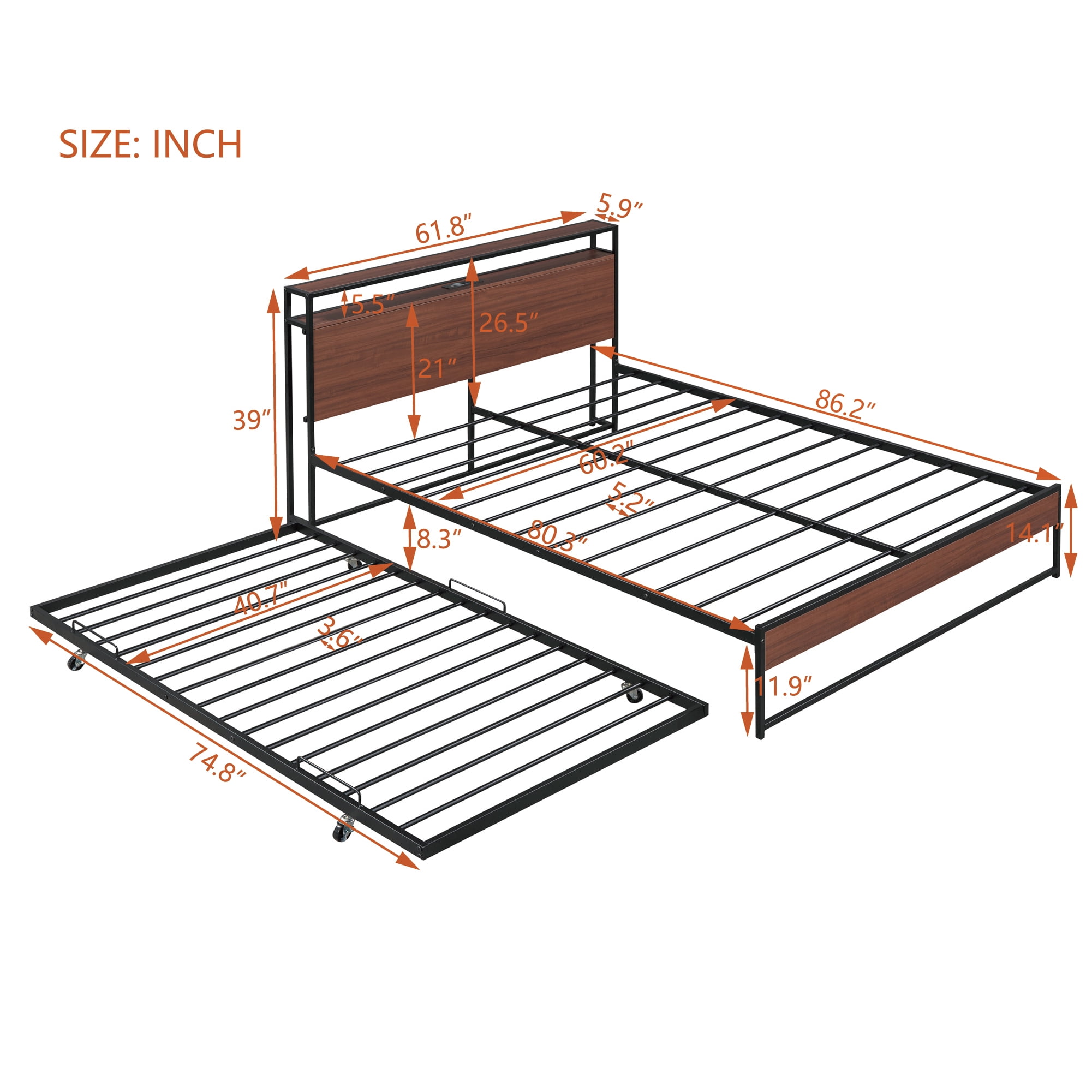 Aukfa Queen Size Metal Bed Frame with Trundle, USB Charging Ports and Storage Headboard, Modern Platform Bed with Wood Accents, Black