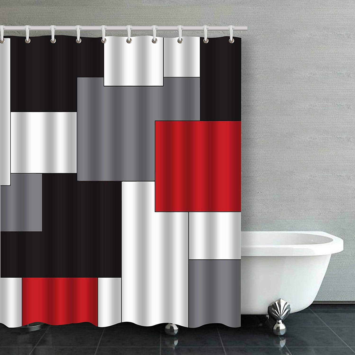 Red Anchor Black and White Stripes Shower Curtain Set Bathroom Waterproof Fabric 