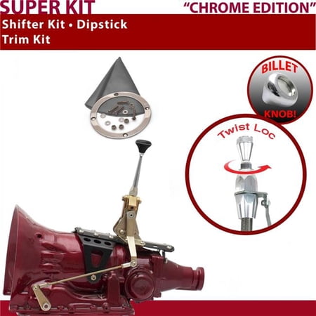 American Shifter C4 Shifter Kit 6 in. Trim Kit Dipstick Chrome Push Button Grey Boot Billet Knob for F7F54