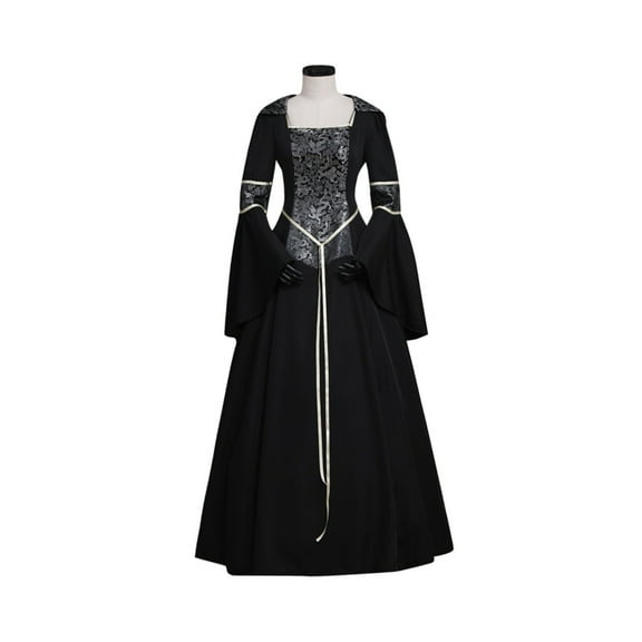 European Medieval Gothic Hooded Dress with Square Neckline Lace-Up Bell Sleeves Flared Skirt