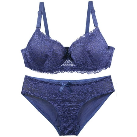 Flash Deal! Lace Bras for Women + Lace Thongs for Women 2 Piece Underwear Set for Women Bras and Regular Fit Comfort Padded Bra and Panty Wireless Bralette Womens Underwear and Bras Clearance Blue