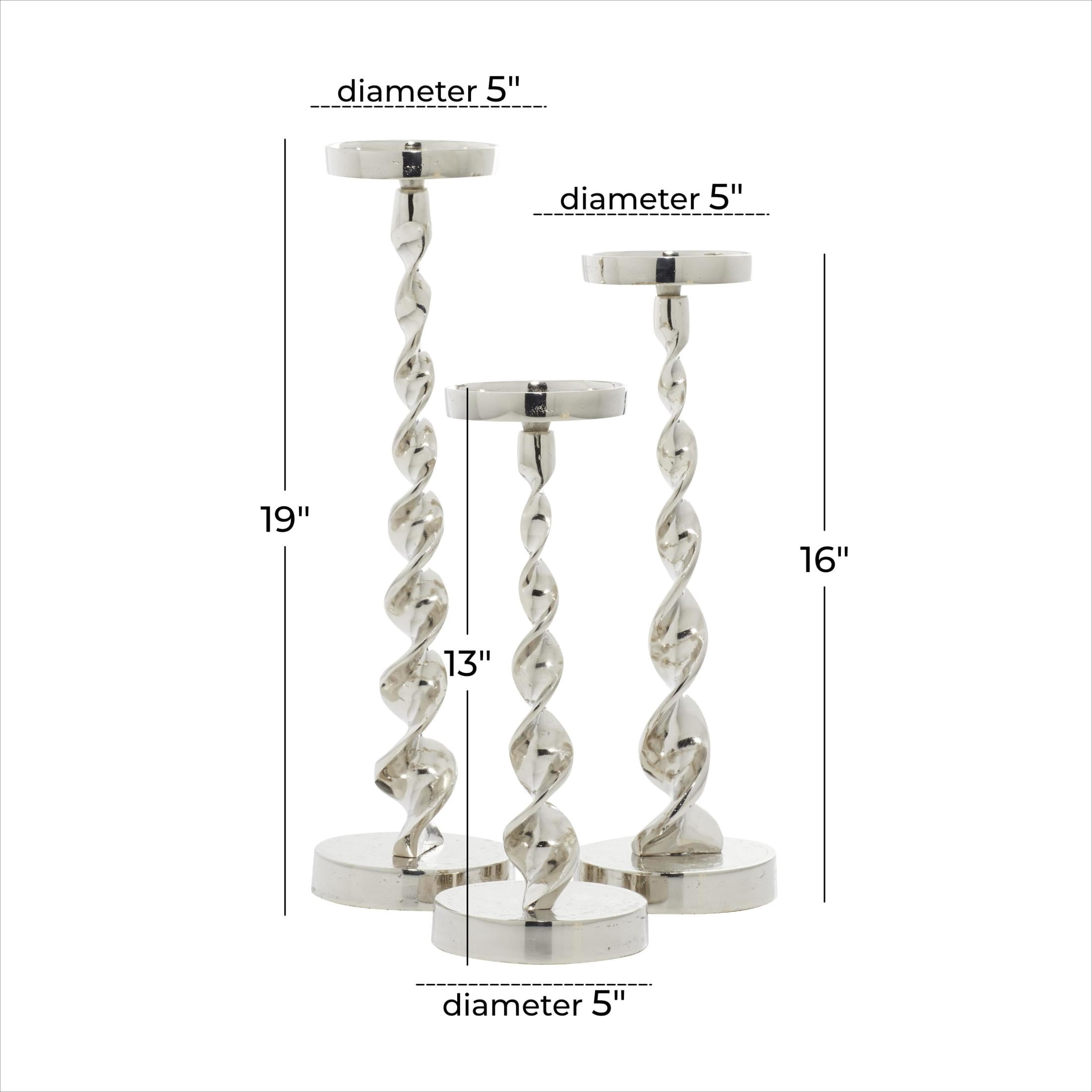 DecMode Aluminum Coastal Barley Twist Designed Candleholder Set of 3, 19", 16", 13" H, with High Gloss Silver and Slight Distressed Finish