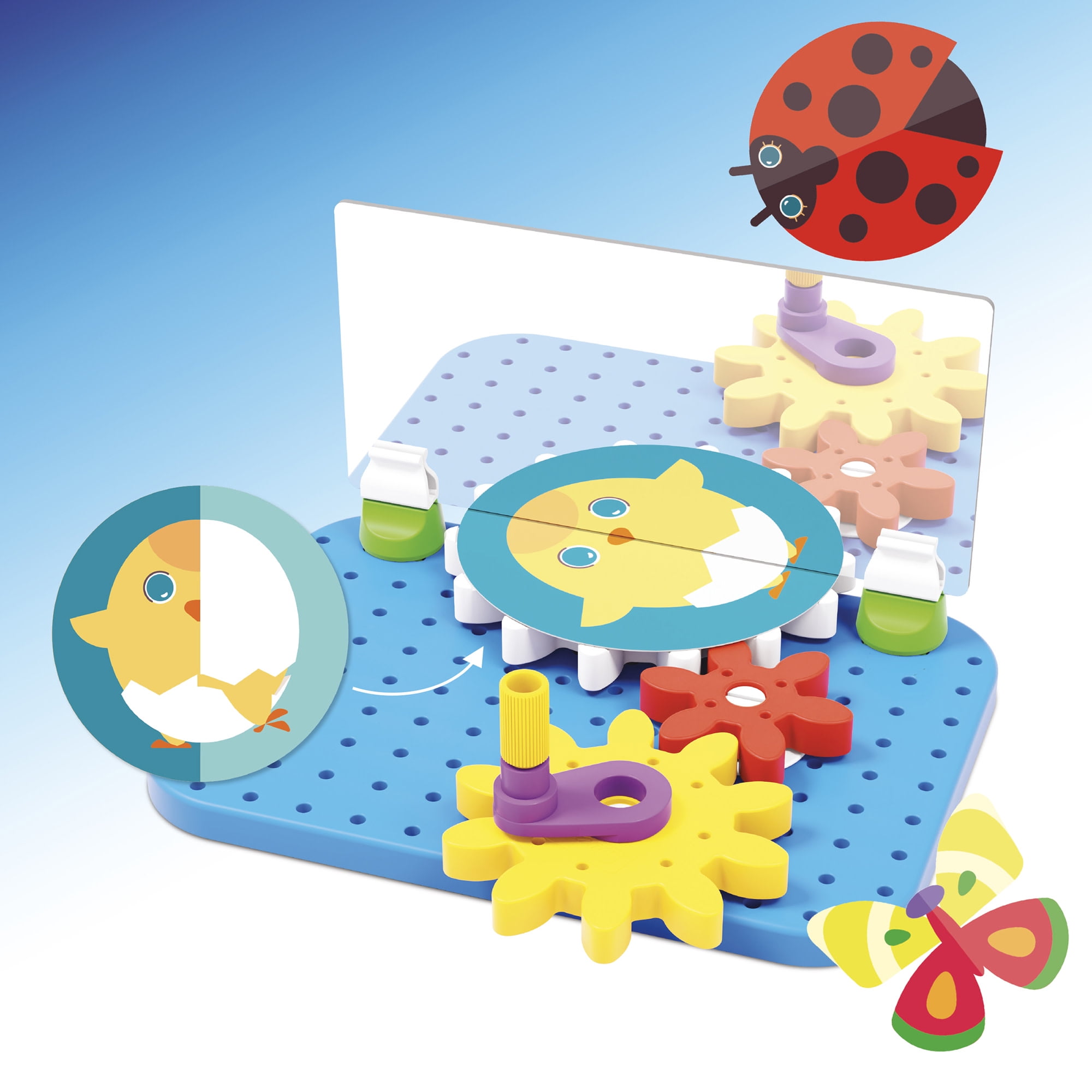 Quercetti: Mirrorello - Gear Assembly Game Toy, Turn The Crank, Double-Sided Discs, Mirror Illustrations, Explore Patterns, STEM Building Toy, Kids 4+