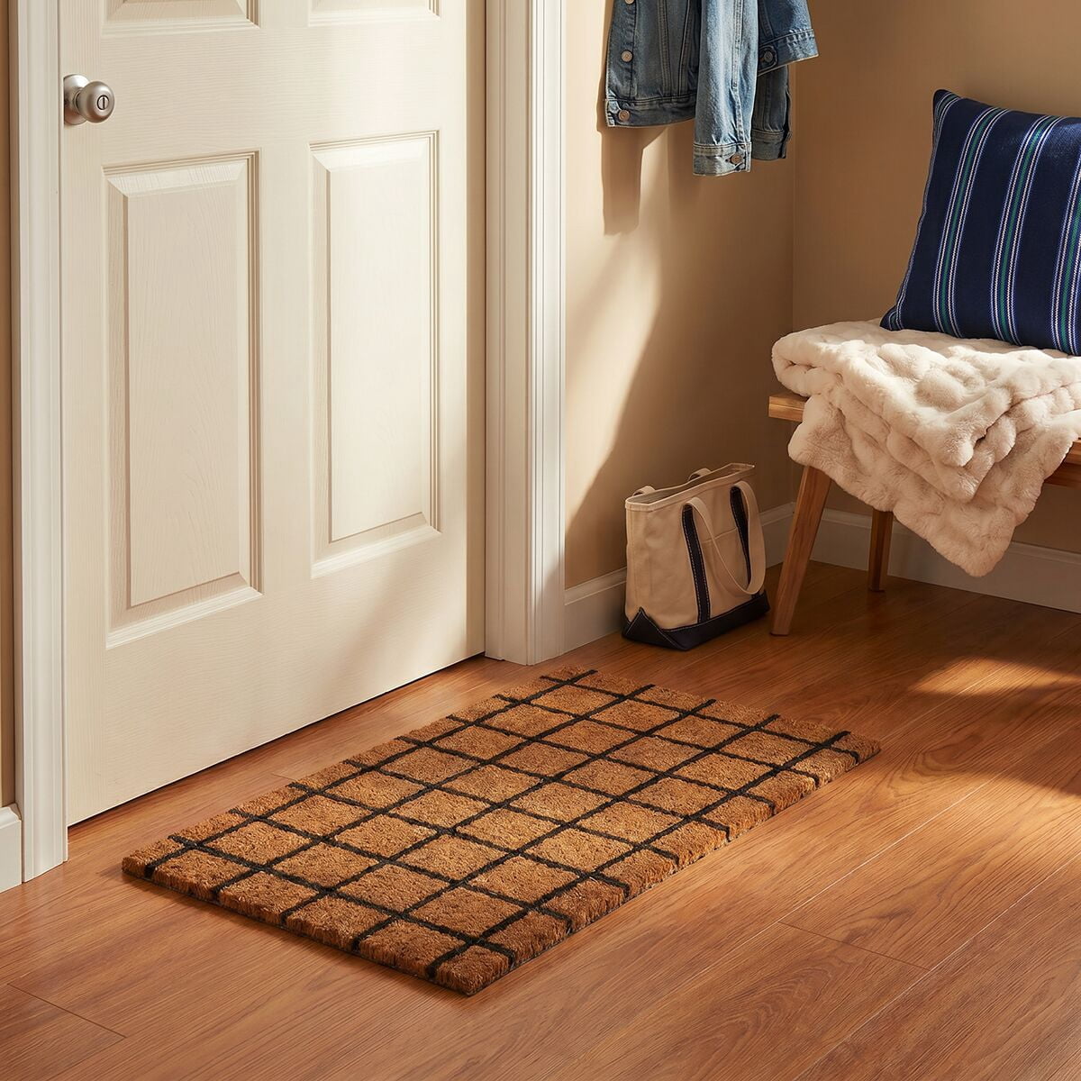 Mainstays Natural and Blue Grid Coir Outdoor Doormat, 18" x 30"