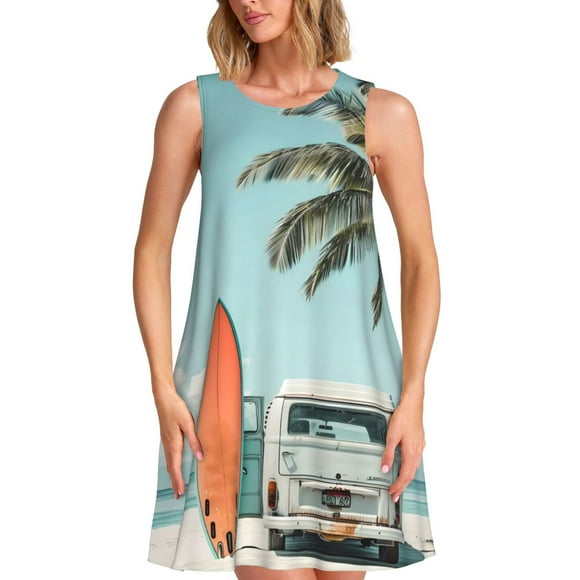 Naloa Vintage Surf Van Beach Print Women's Summer Spring Casual Beach Sundress,Vacation Sleeveless Tank Crewneck Loose Dresses