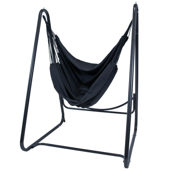 Sunnydaze Polycotton Indoor or Outdoor Hammock Hanging Chair with A-Frame Steel Stand - Black