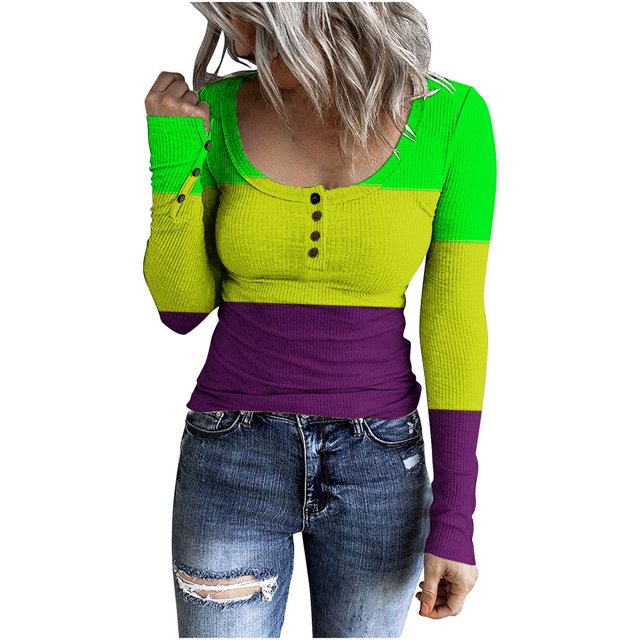 Yuyuzo Womens Ribbed Knit Tops Scoop Neck Long Sleeve Going out Tops Color Block Tight Shirts