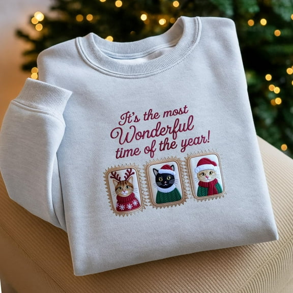 Cute Cat Christmas Embroidered Sweatshirt, Cat Lover Gift For Christmas, Womens Christmas Sweatshirt,Holiday Sweatshirt, Cat Mommy Shirt
