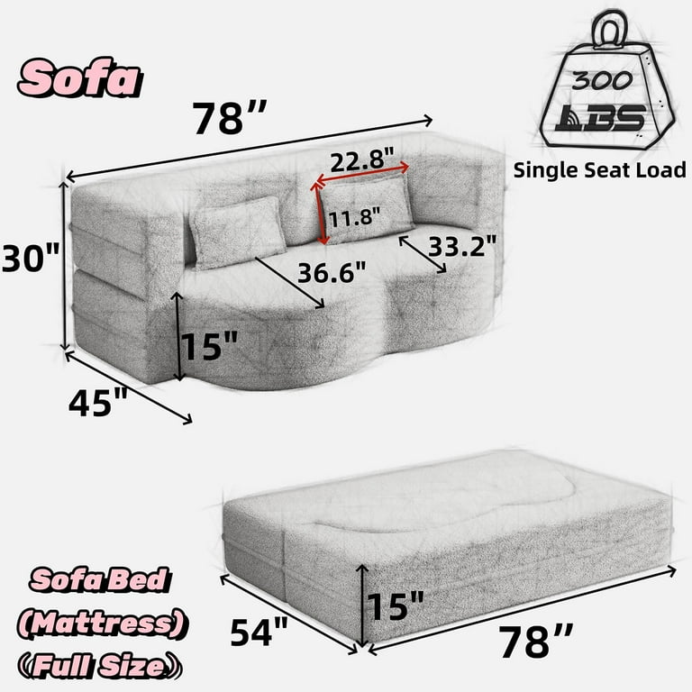 15"Folding Sofa Bed,Convertible Sleeper Sofa With 2 Pillows,Teddy Fabric Foam-Filled Full Size Small Couches For Bedroom,Living Room,Apartment,Gray