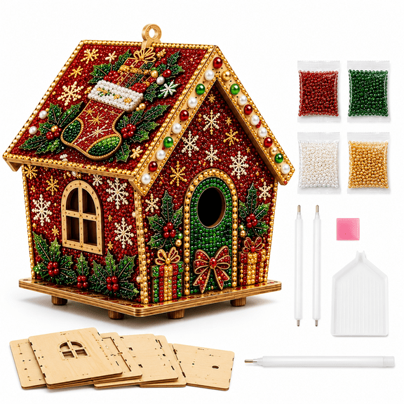 3D Christmas House Diamond Painting Kits for Adults, Premium Pearl Art Craft with LED Wooden Holiday House Ornament, Handmade Christmas Decoration Kit and Creative Gift