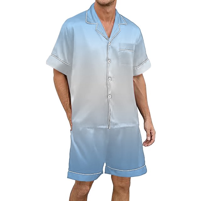 Men's Gradient Printed Silk Satin Short Sleeve Button Up Pajama Loungewear Set for Comfortable Sleep