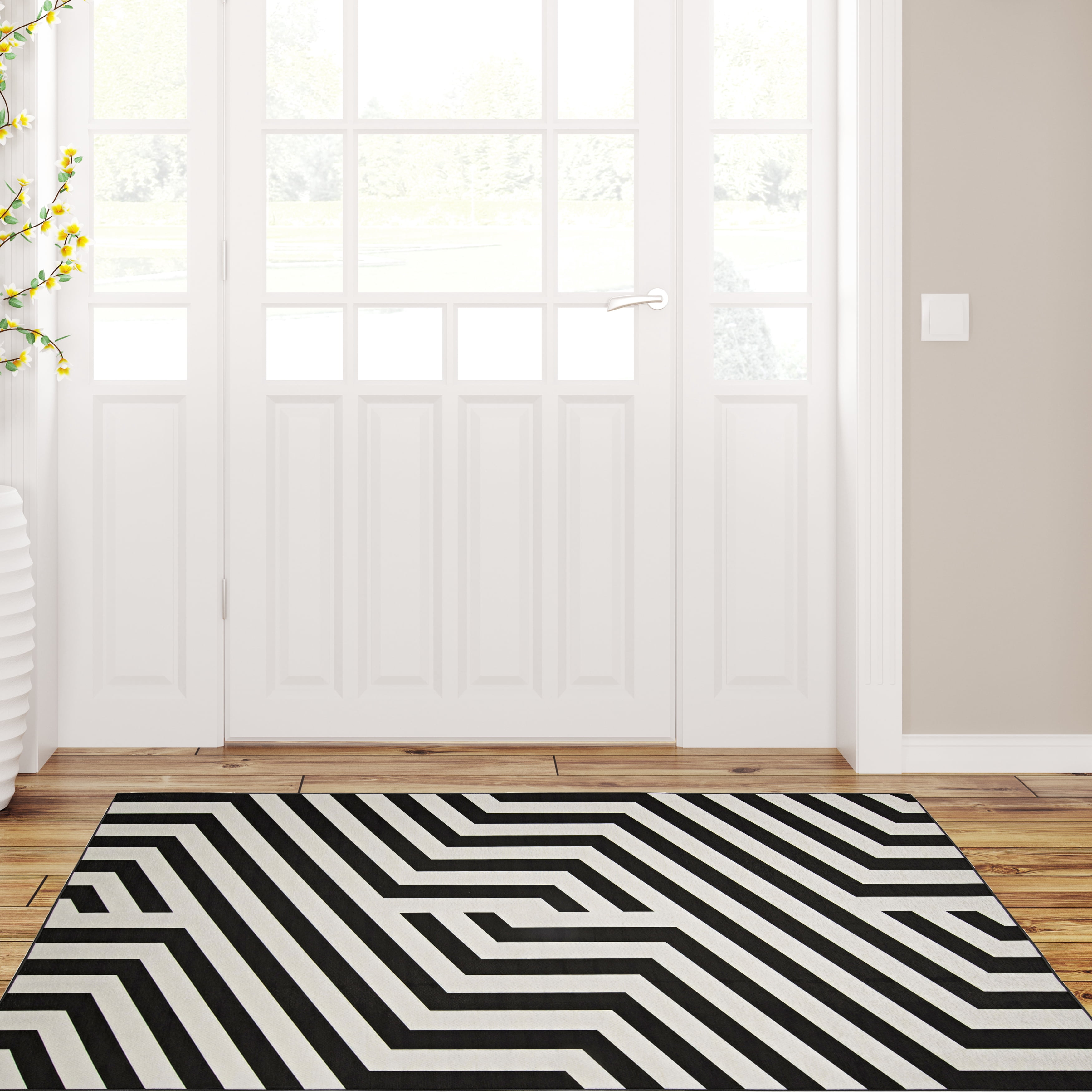 Linon Outdoor Washable Area Rug Collection, Ivory and Black, 3' x 5'