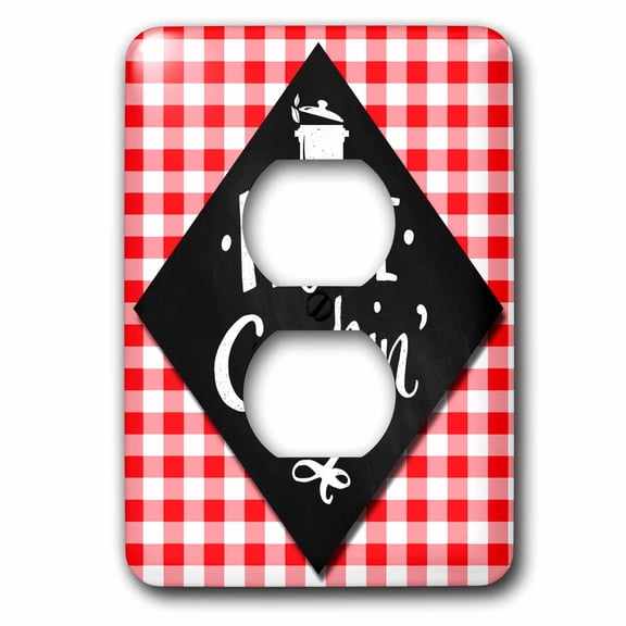 3dRose, Home Cookin Fun Chef Chalkboard Themed Typography with Red Checks, 2 plug outlet cover