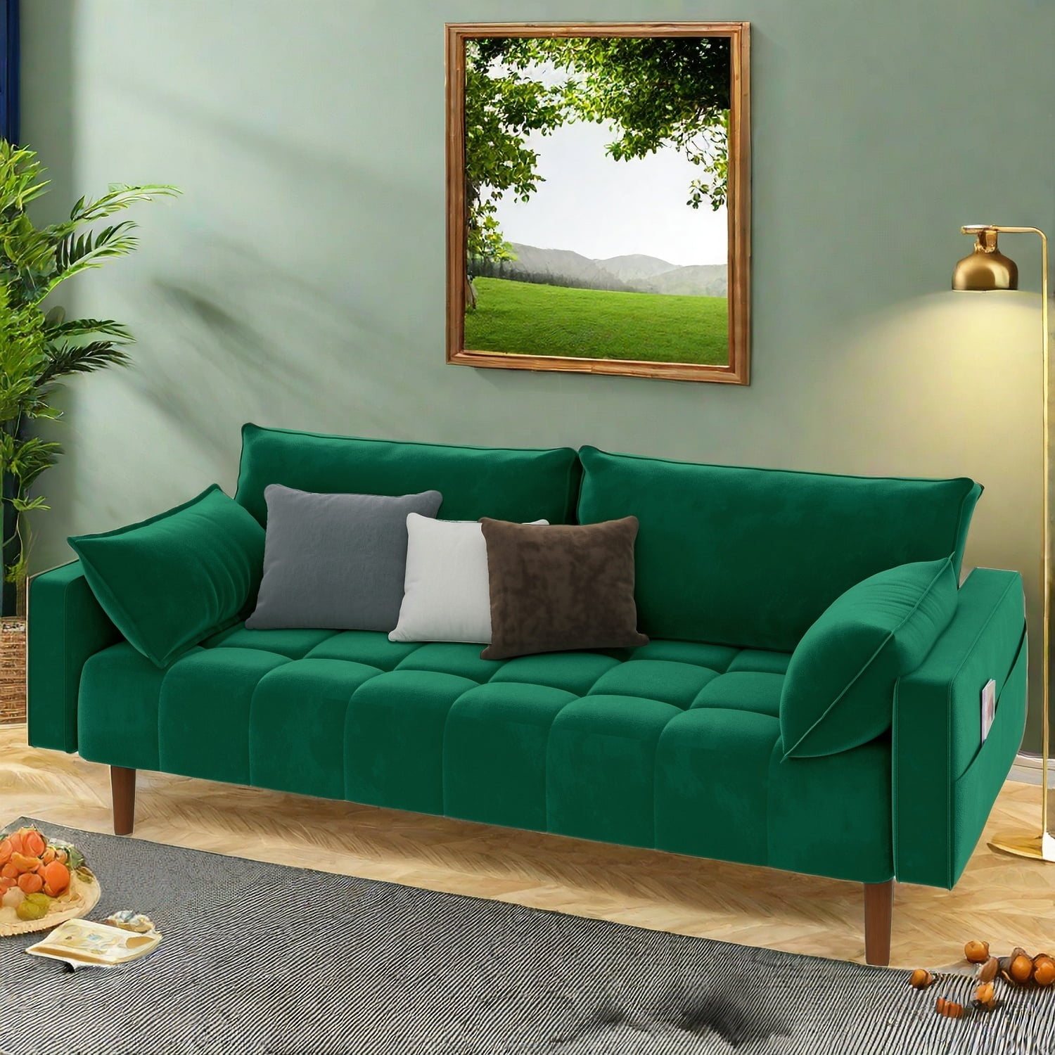 Uforic 70" Velvet Loveseat Sofa, Modern Comfortable Sofa Loveseat Small Sofa Couch with Side Storage Pockect & 2 Pillows, Button Tufted Seat Cushion for Living Room Bedroom Apartment, Green
