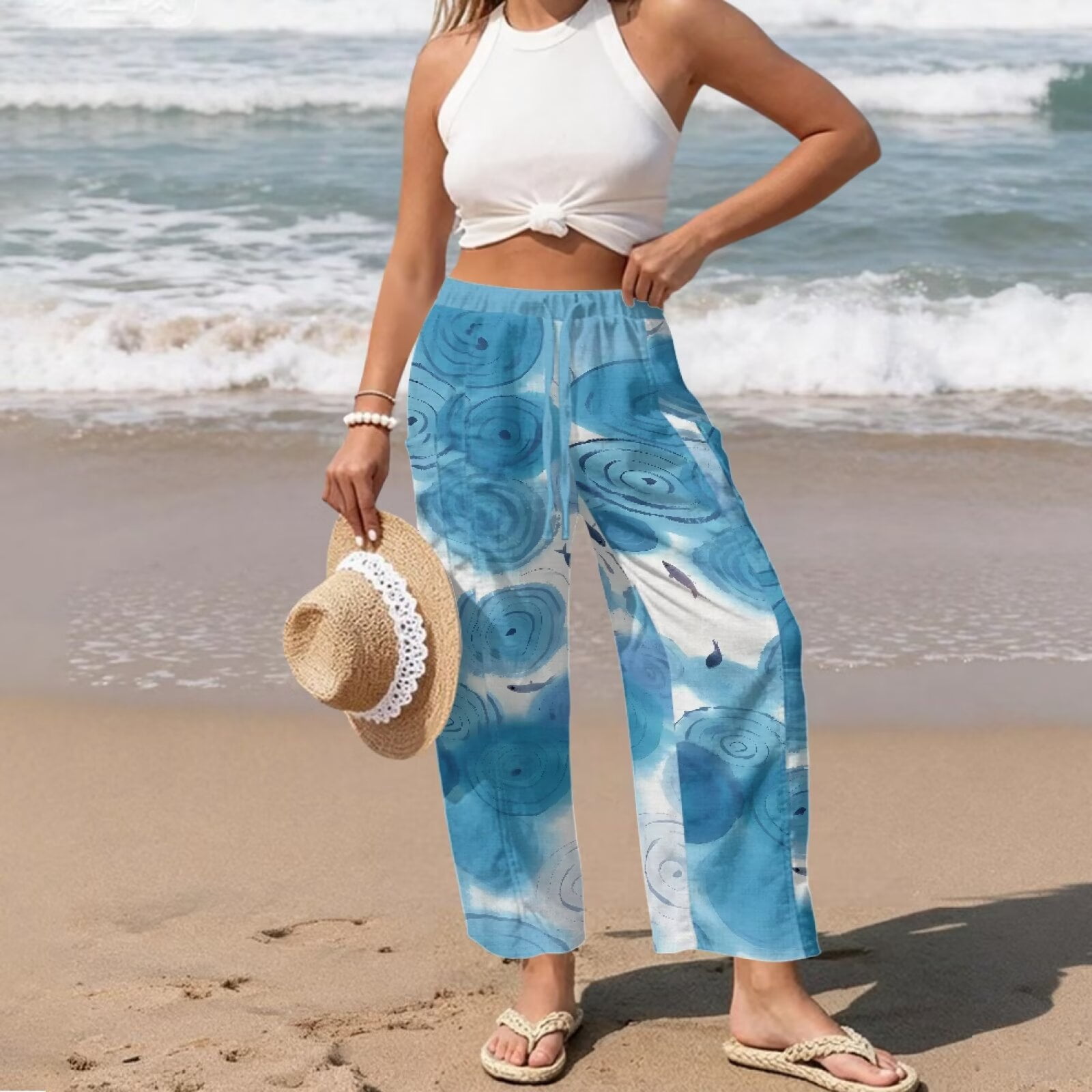 Yuyamidu Chinese Blue Wave Women's Linen Casual Pants Petite Size M Relaxed Fit Flowy Travel Pants Drawstring Lounge Palazzo Trousers Chinese Print Outfits