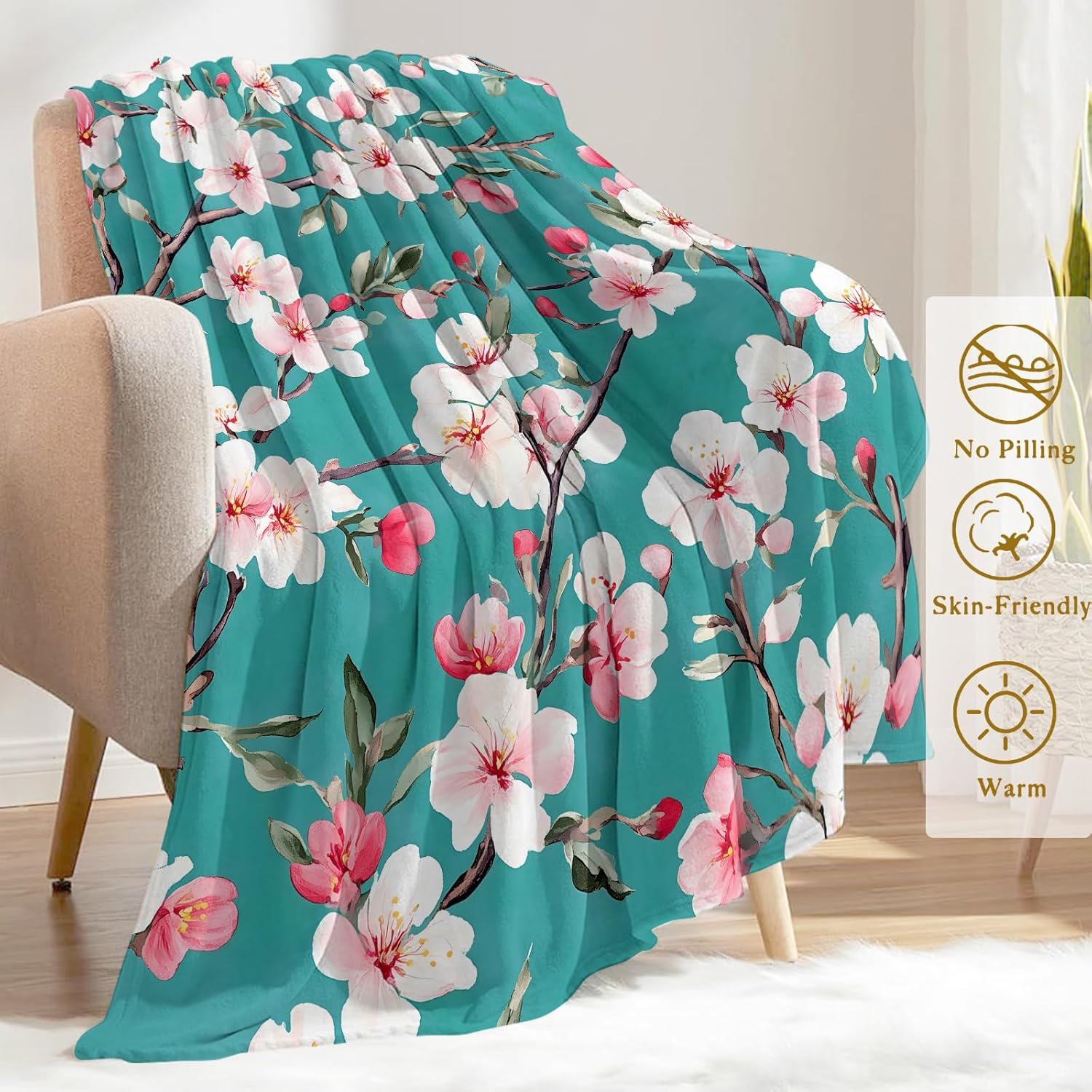 Cherry Blossom Branches Flannel Blanket - Lightweight Soft Cozy Unique Gifts Blankets for Floral Lovers,Users,Adult,Women, Elegant Teal Background Art Throw,Home Room Modern Decor 60x80in