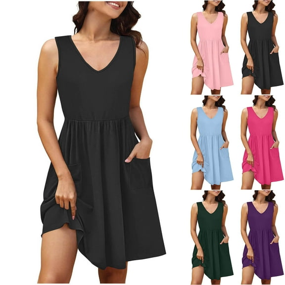 SMihono Sleeveless Summer Casual Dress with Pockets Womens V-Neck Knee Length Beach Hawaiian Dress for Vacation Fashion Sundresses Black M