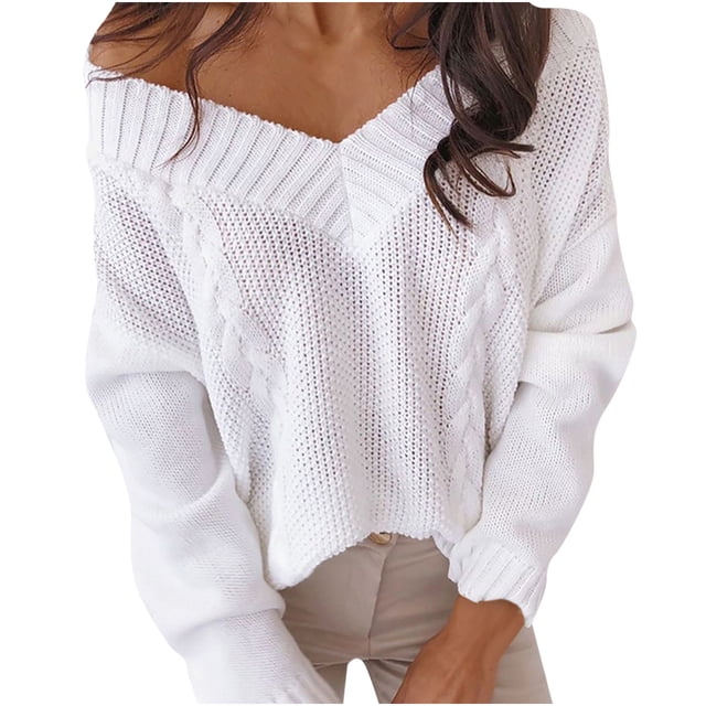 Suéter de punto de color sólido informal de moda para mujer Suéter suelto de manga larga con cuello en V Fridja hjk2111