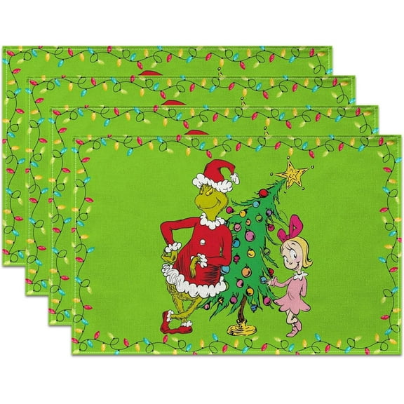 Green Christmas Placemats for Dinning Room Kitchen Table Merry Christmas Xmas Winter Holiday Party Tablemats Decoration -Pack of 4