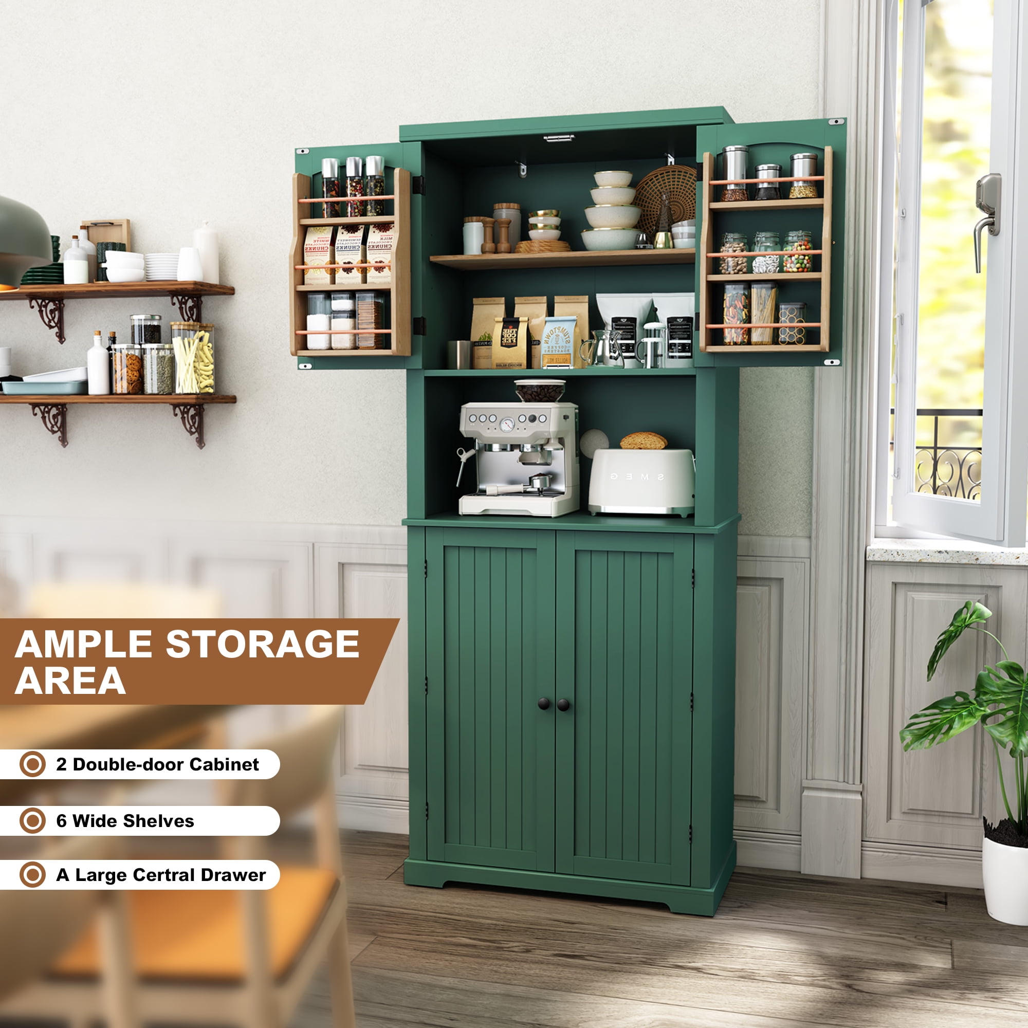 HLR 72" Kitchen Pantry Cabinet, Freestanding Pantry Storage Cabinet with Hutch & Shelves, Green