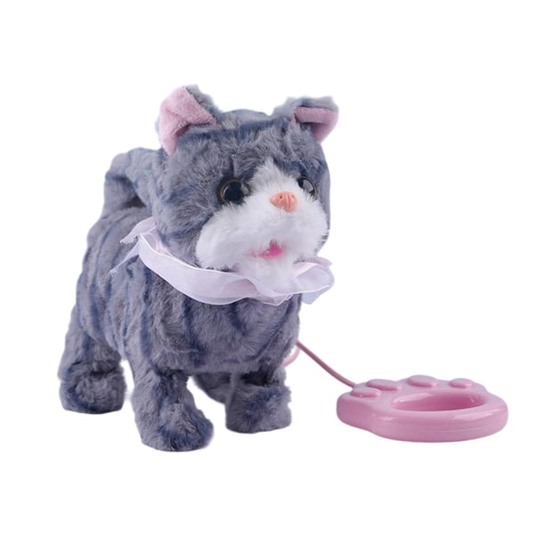 Juguete electrónico de simulación de gato que camina para niñas con correa y repetición Gris