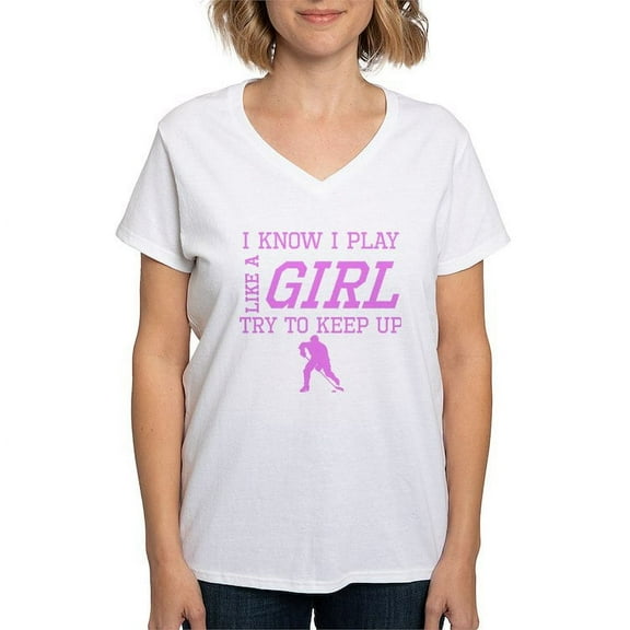 CafePress - Hockey Like A Girl T Shirt - Womens Cotton V-Neck T-shirt