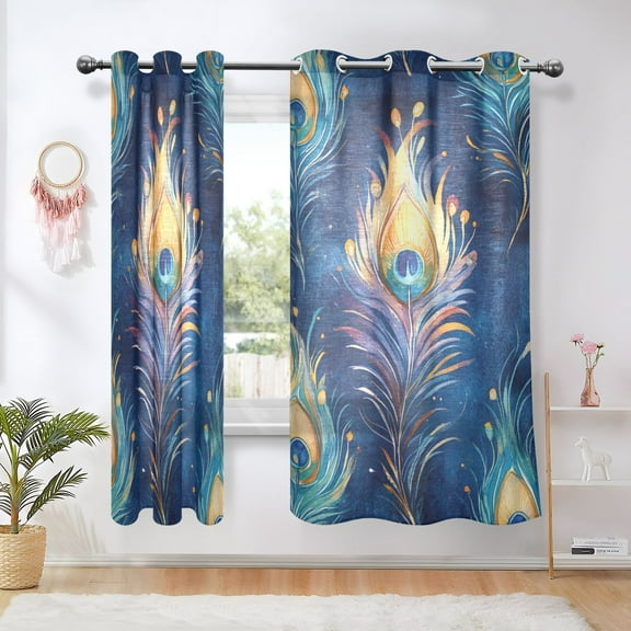 Watercolor Peacock Feather Blackout Curtains 63 inch Length 2 Panels Window Decoration Curtains for Bedroom Living Room