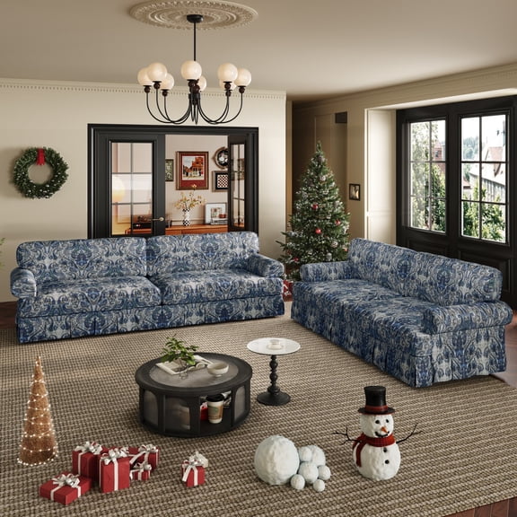 LLappuil 2 Piece Chenille Sofa, Chenille 7 Seat Sofa for Living Room, 26.4" Extra Deep Seat Mid Century Sofa for Living Room Blue