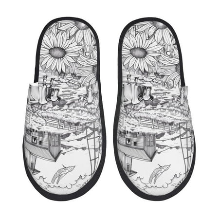 Balery Country Farm Scene Slient Indoor Furry Fleece Comfort House Shoes Soft Non-Slip Home Shoes Cotton slippers House Slippers-- Medium