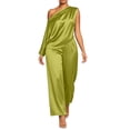 thumbnail image 2 of LEKWK Two Piece Sets for Women Dressy Satin One Shoulder Short Sleeve Top and High Waist Wide Leg Pants Summer Vacation Wedding Guest Outfits, 2 of 6