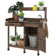 thumbnail image 2 of Outsunny Garden Potting Bench Table with Sink, Lockable Storage Cabinet and Open Shelf, Outdoor Planting Workstation with Steel Tabletop, Dark Brown, 2 of 9