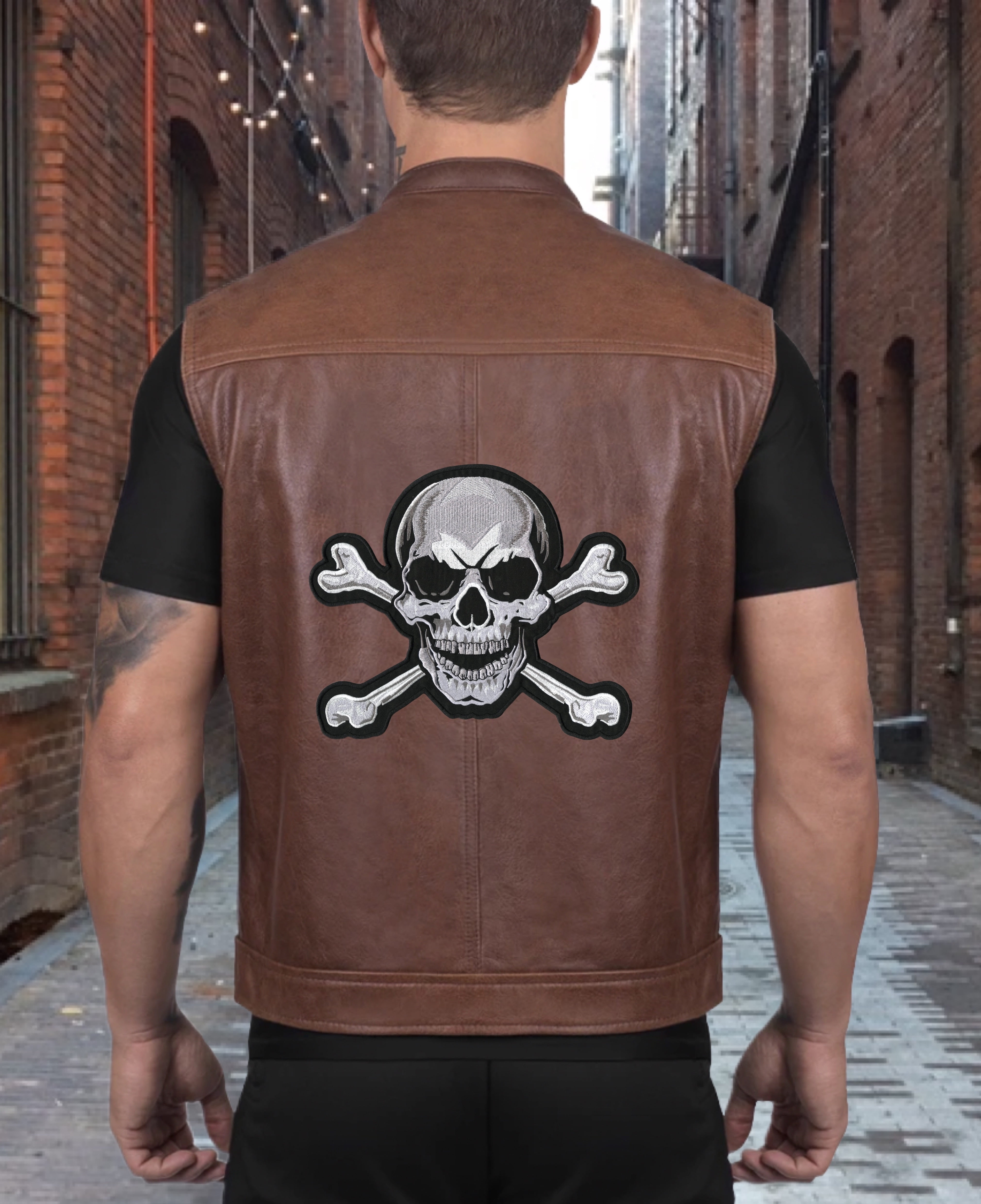 Skull & Crossbones Patch 10.5" | Realistic Skeleton Halfskull Embroidered Iron On Jacket Center Patch | Large - by Nixon Thread Co.