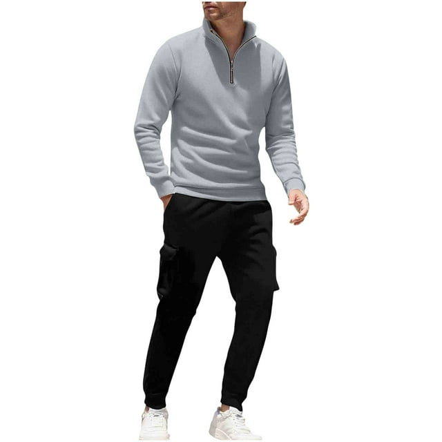 HAiming Mens 2 Piece Tracksuit Long Sleeve Quarter Zip Stand Neck Tops and Cargo Pant Solid Color Outfits with Pockets