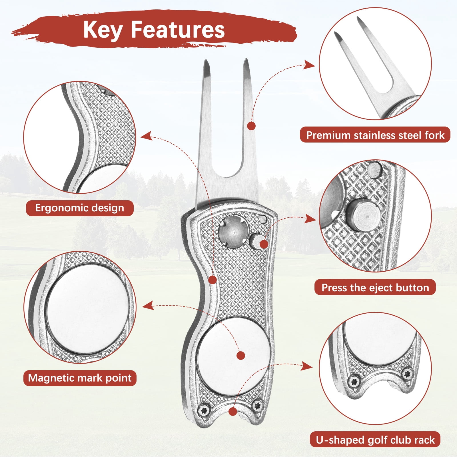 Uxcell Golf Divot Repair Tool [4PCS] - Switch Foldable Divot Tool Rack with Magnetic Ball Marker - [Silver] Green Fork Tines