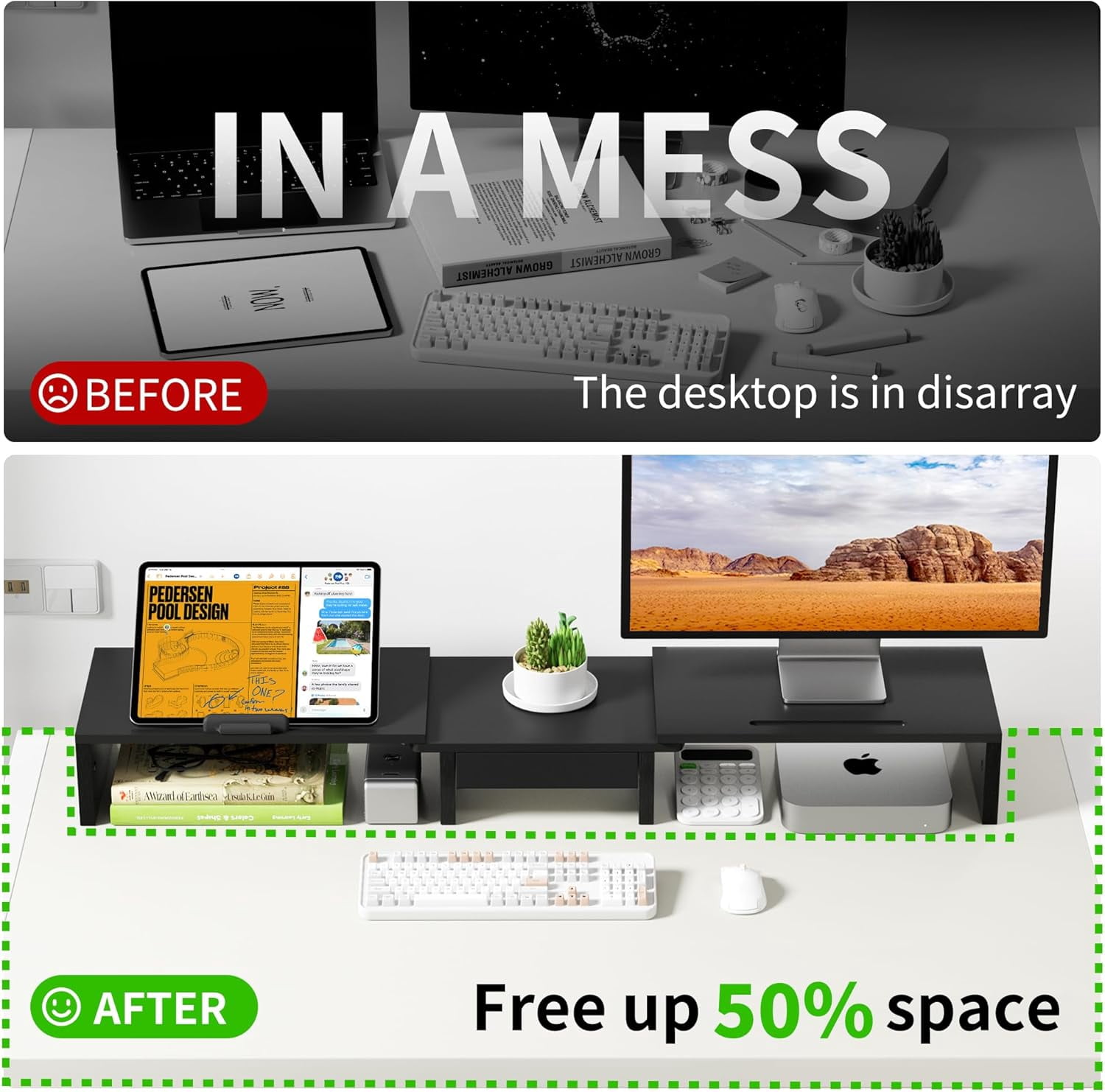 Dual Monitor Stand Riser with Storage Drawer - Adjustable Computer Monitor Desk Organizer for Office Home, Black
