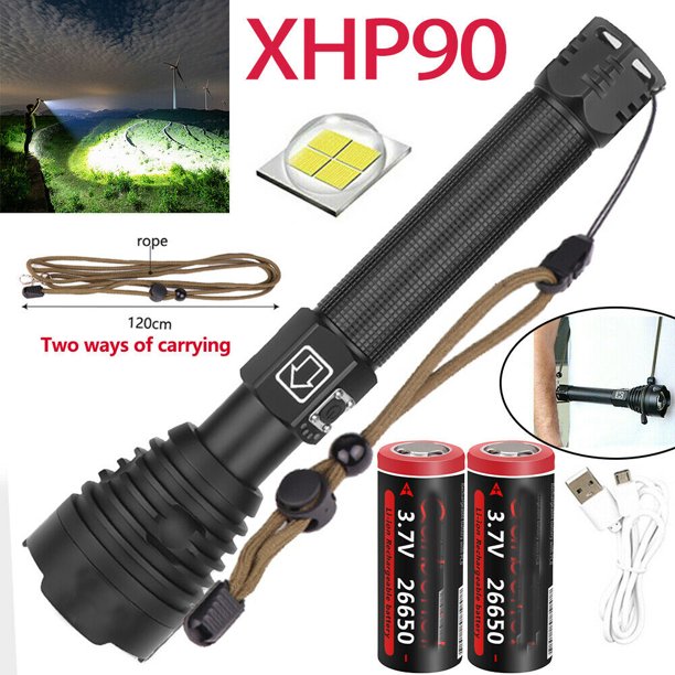 Powerful XHP90 LED Flashlight USB Rechargeable 18650/26650 Zoomable