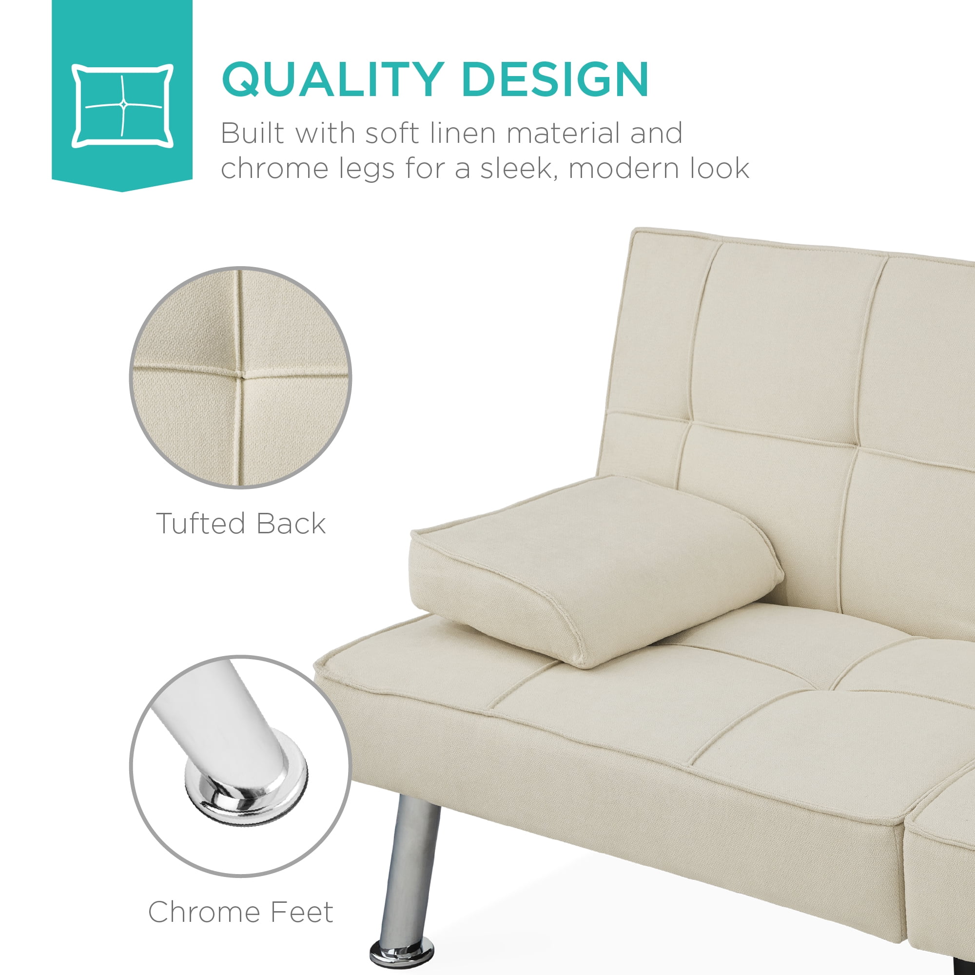 Best Choice Products Modern Linen Convertible Futon Sofa Bed w/ Removable Armrests, Metal Legs, Cupholders - Ivory