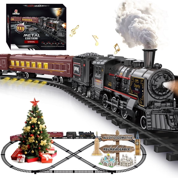 Electric Train Sets for Kids Metal Alloy Christmas Train Toys Steam Locomotive, Glowing Passenger Carriages, Luxury Tracks, Light & Sounds Rechargeable Birthday Gifts for Boys Girls Red Green