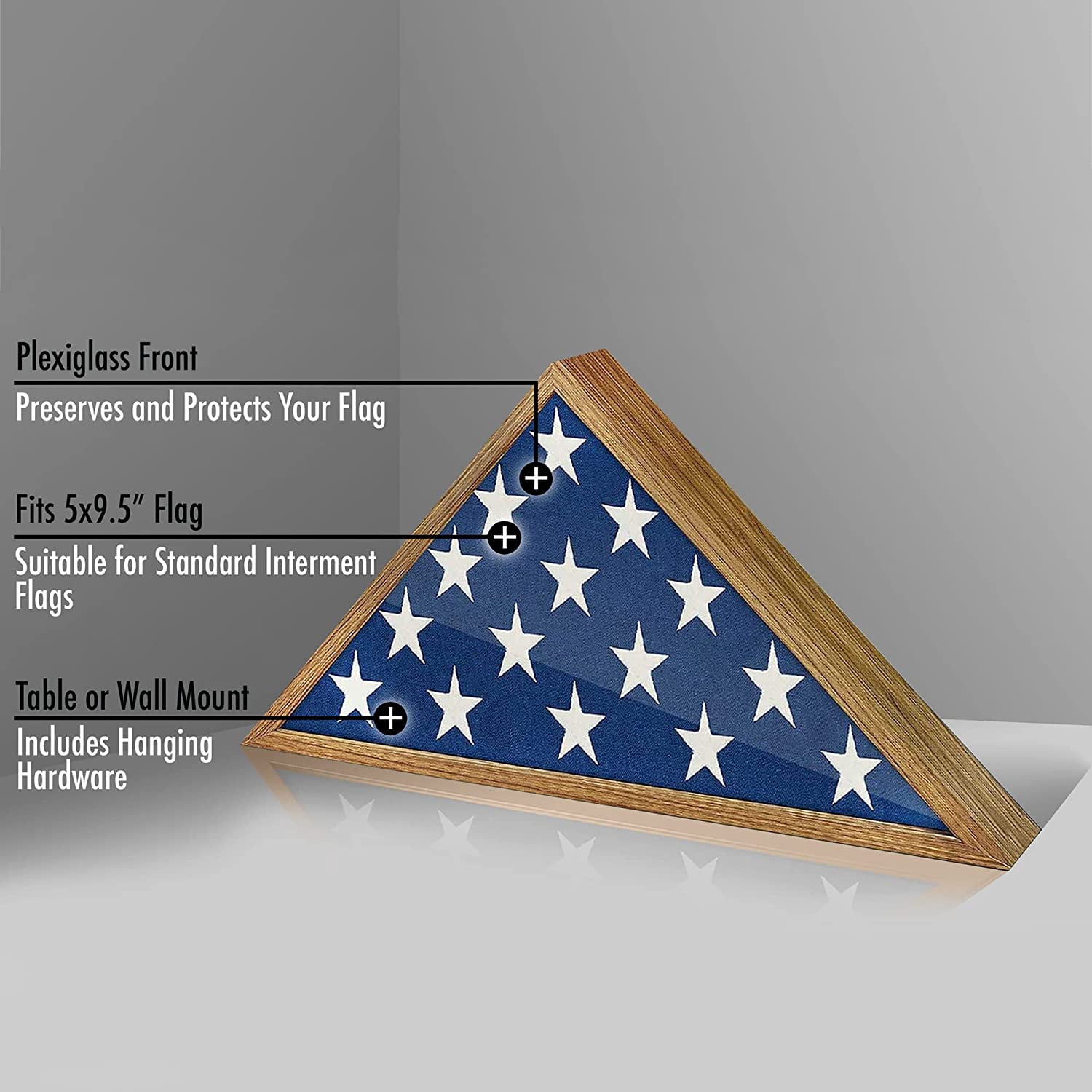 Americanflat Flag Case for Veterans - Fits a Folded 5' x 9.5' American Military Flag - Triangle Display with Polished Plexiglass (Barn Wood)