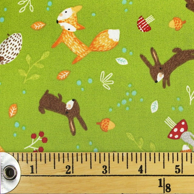 Fabric Creations Green with Foxes, Hedgehogs and Rabbits Fat Quarter Pre-Cut Fabric - 18" x 21" / 45cm x 53cm