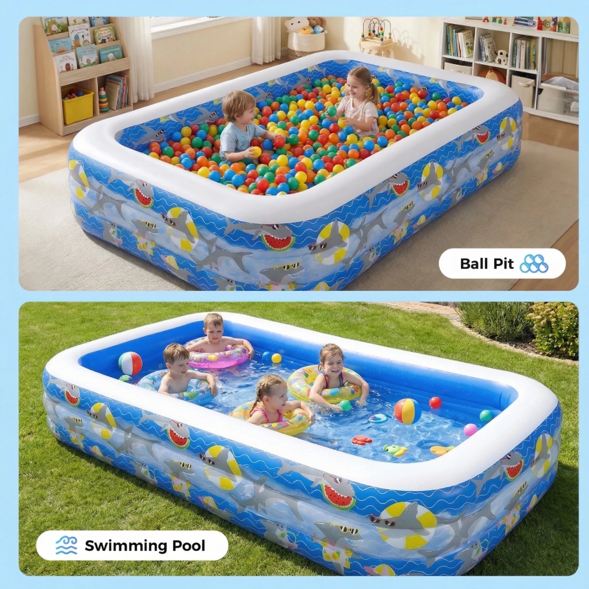 WaterCube Inflatable Kiddie Pool Shark Pattern 3-Ring Rectangular BPA-Free 9.8' x 5.7' x 1.8'