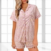 Aligament Pajama Sets For Women Print Pajamas Set Sleepwear Lingerie V Neck Shirt Shorts Short Sleeve Nightwear Homewear Size XL