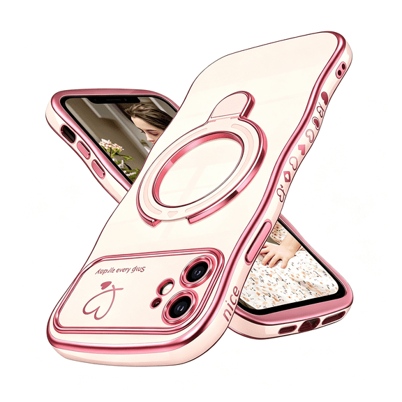 KUMEE Curly Wavy Edge Love Heart Kickstand Phone Case for Iphone 11-Pink|Girls Women Luxury Plated Gold Love Heart[Full Camera Protection] Shockproof Protective Cover